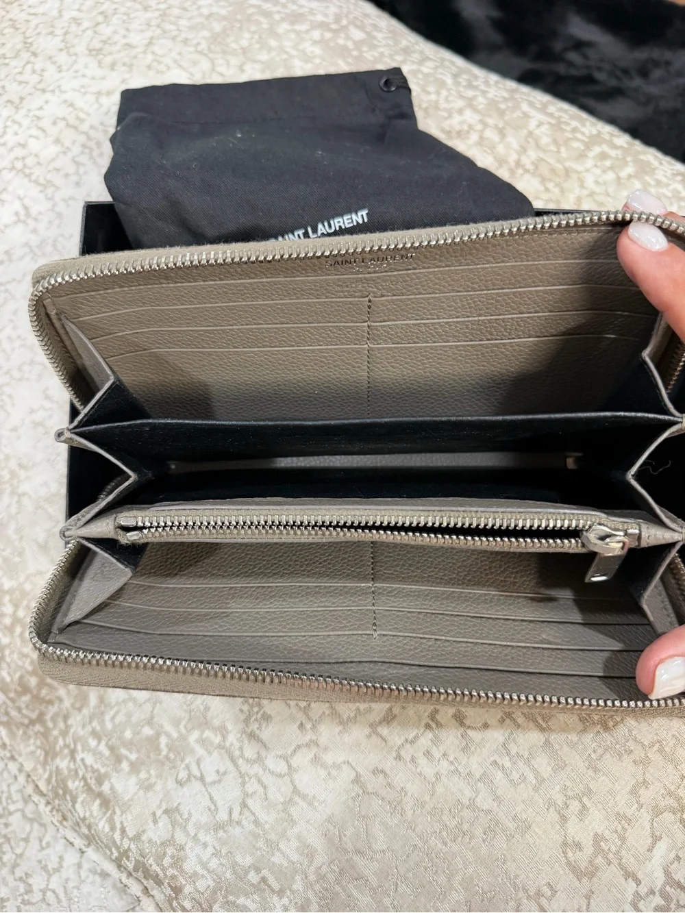 Saint Laurent Grey Pebbled Leather Continental Wallet with Silver YSL